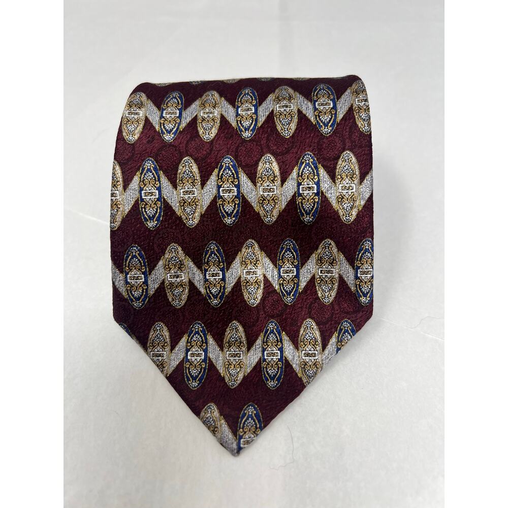 Alexander Lloyd Burgundy Vintage Silk Tie Gold Blue Medallion Rings